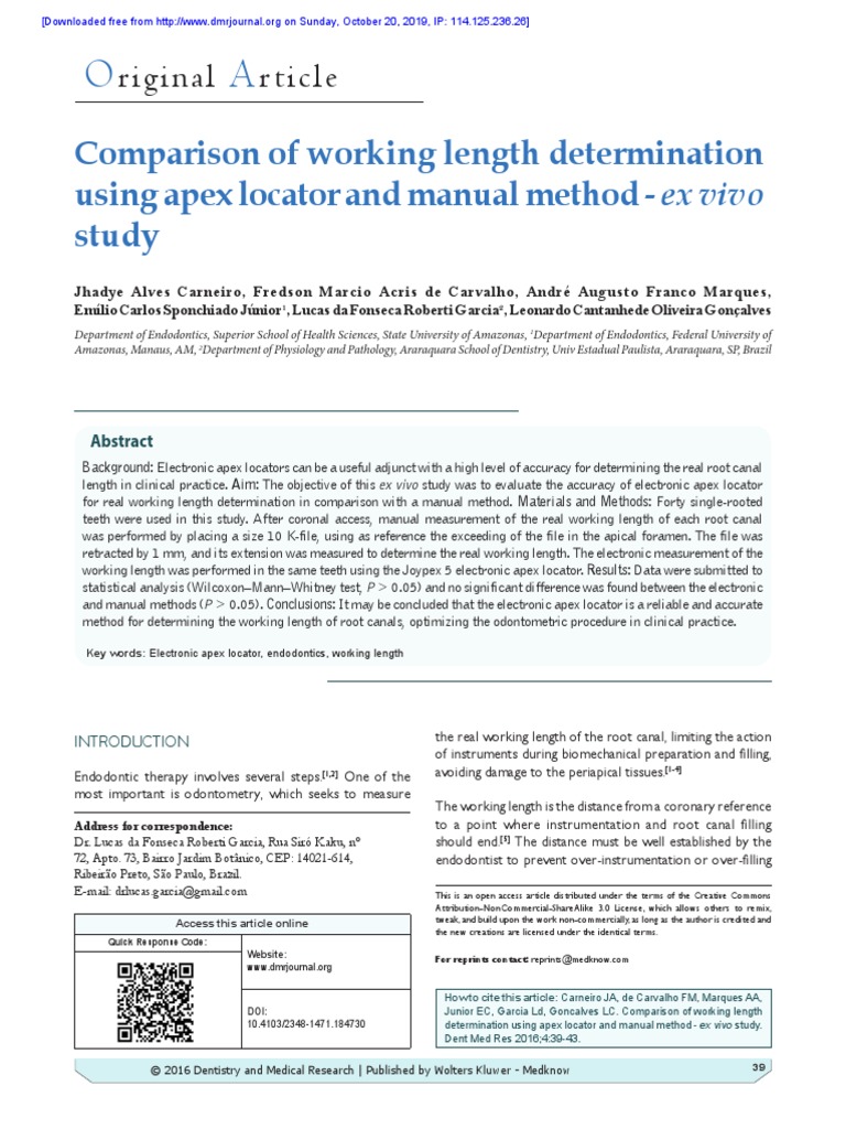 Comparison of Working Length Determination Using Apex Locator and