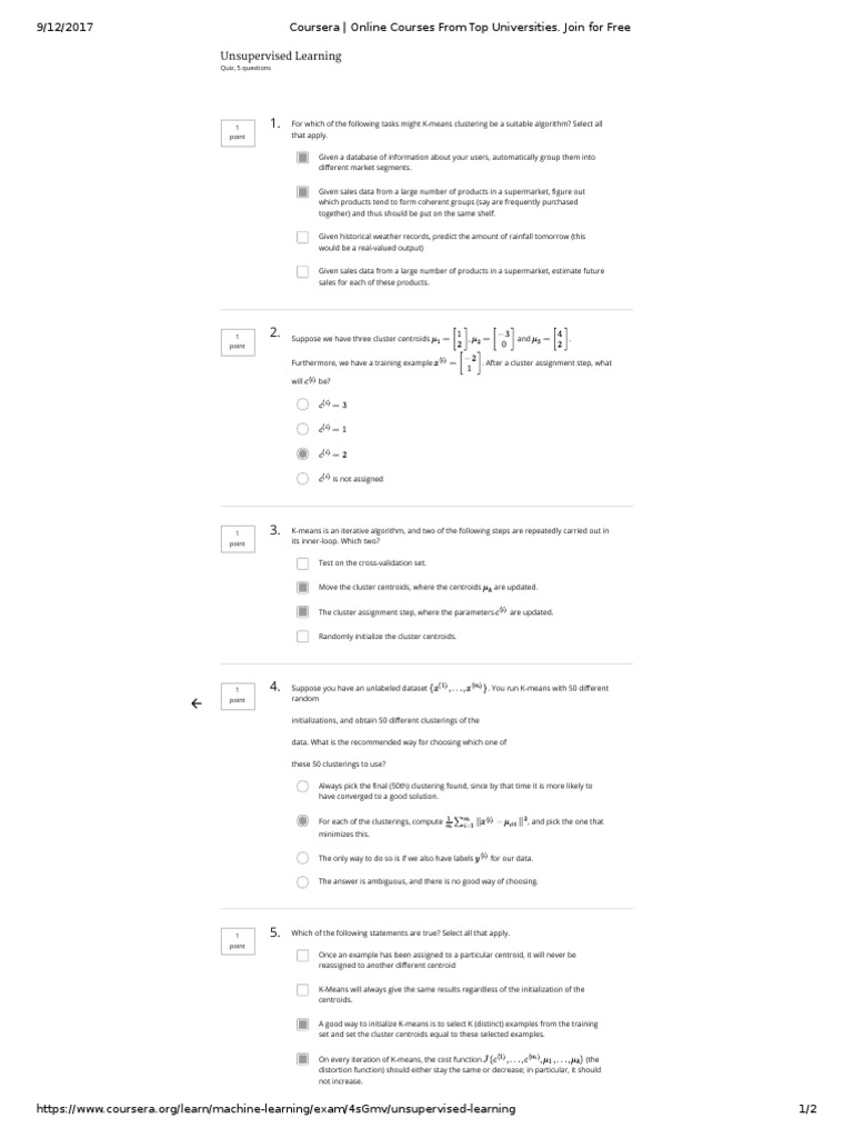 Quiz Week 8 - Unsupervised Learning Clustering | PDF | Cluster Analysis ...