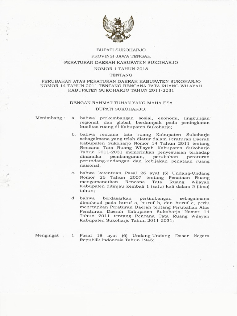 Perubahan Perda RTRW Kabupaten Sukoharjo | PDF