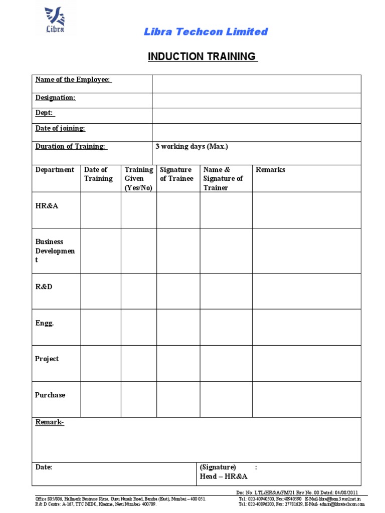 Libra Techcon Induction Training Form | PDF