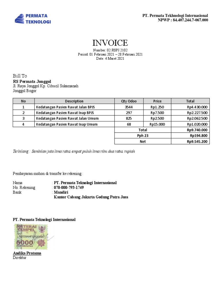 Invoice RS Permata Jonggol Februari 2021 | PDF