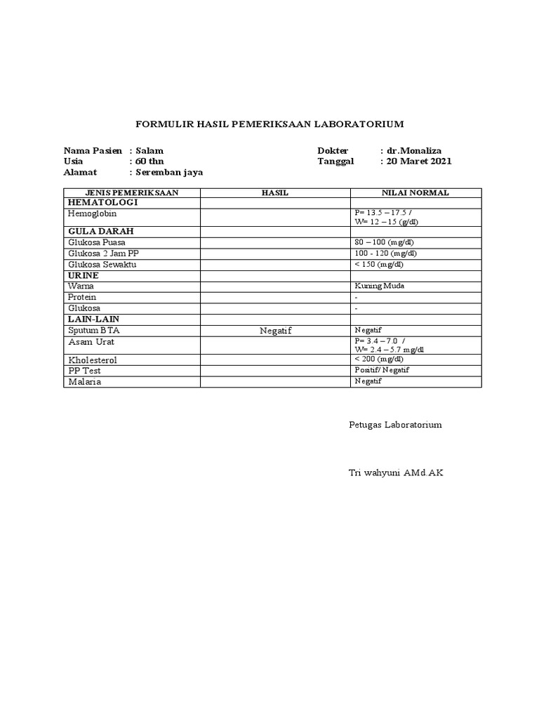 Form Hasil Pemeriksaan Lab | PDF