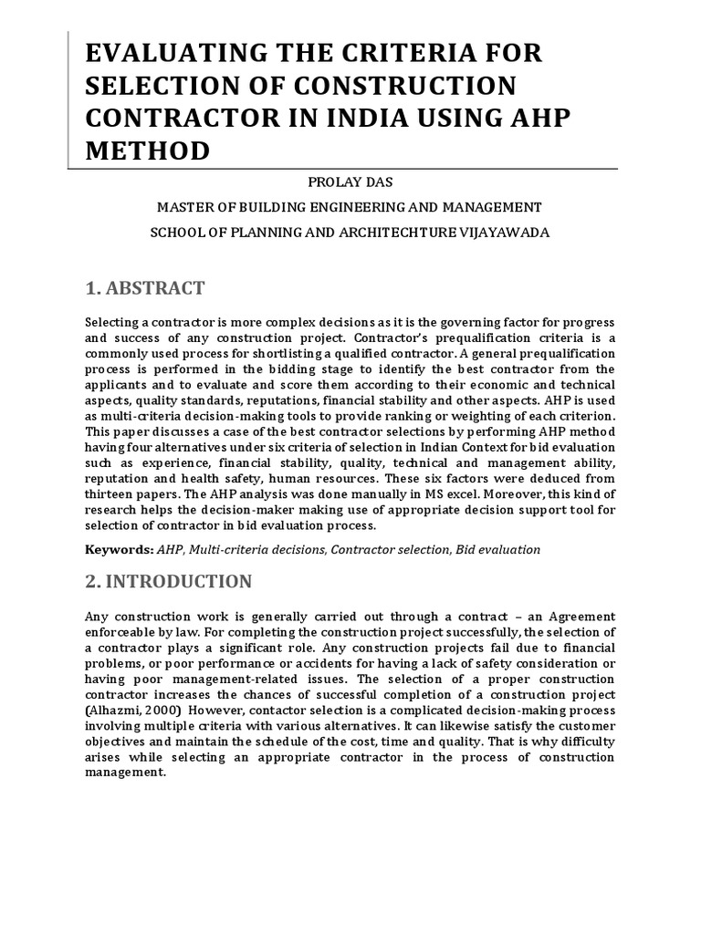 AHP Method for Contractor Selection in India | PDF | Decision Making ...