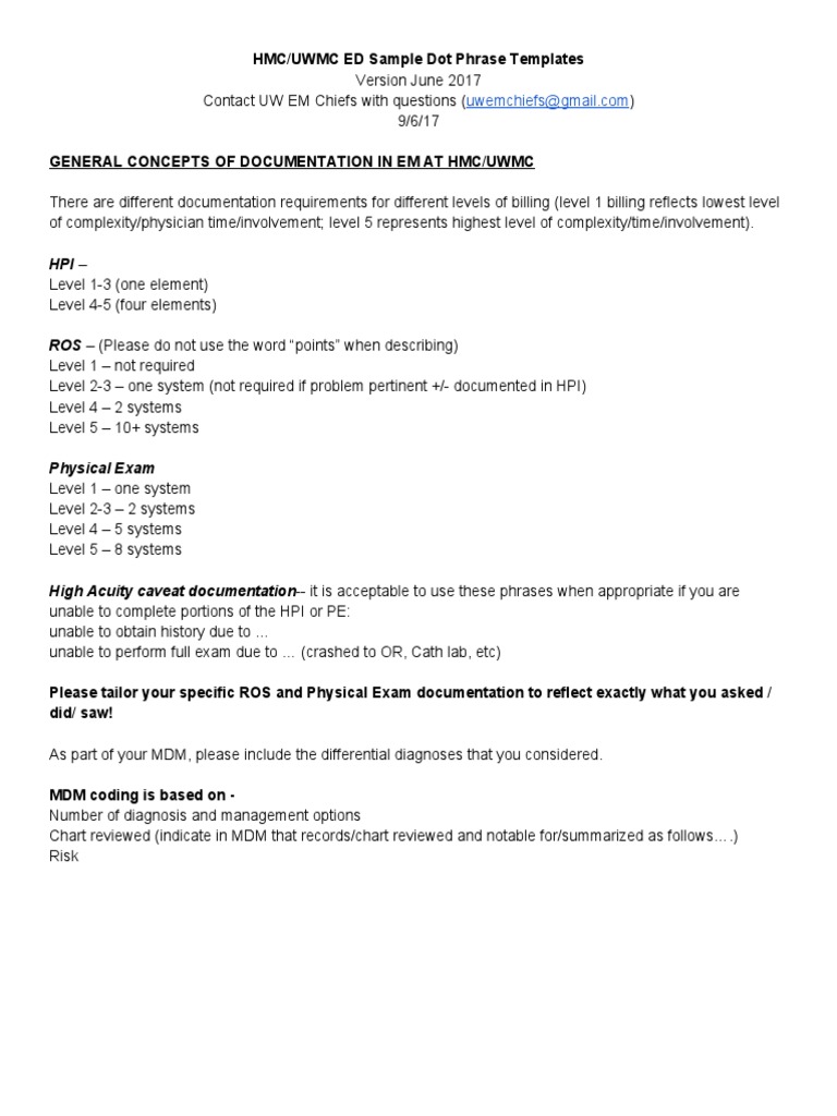 11 Dot Phrase Templates HMC ED June 2017 Rev 9.6.17 PDF Anatomical Terms Of Motion Wound