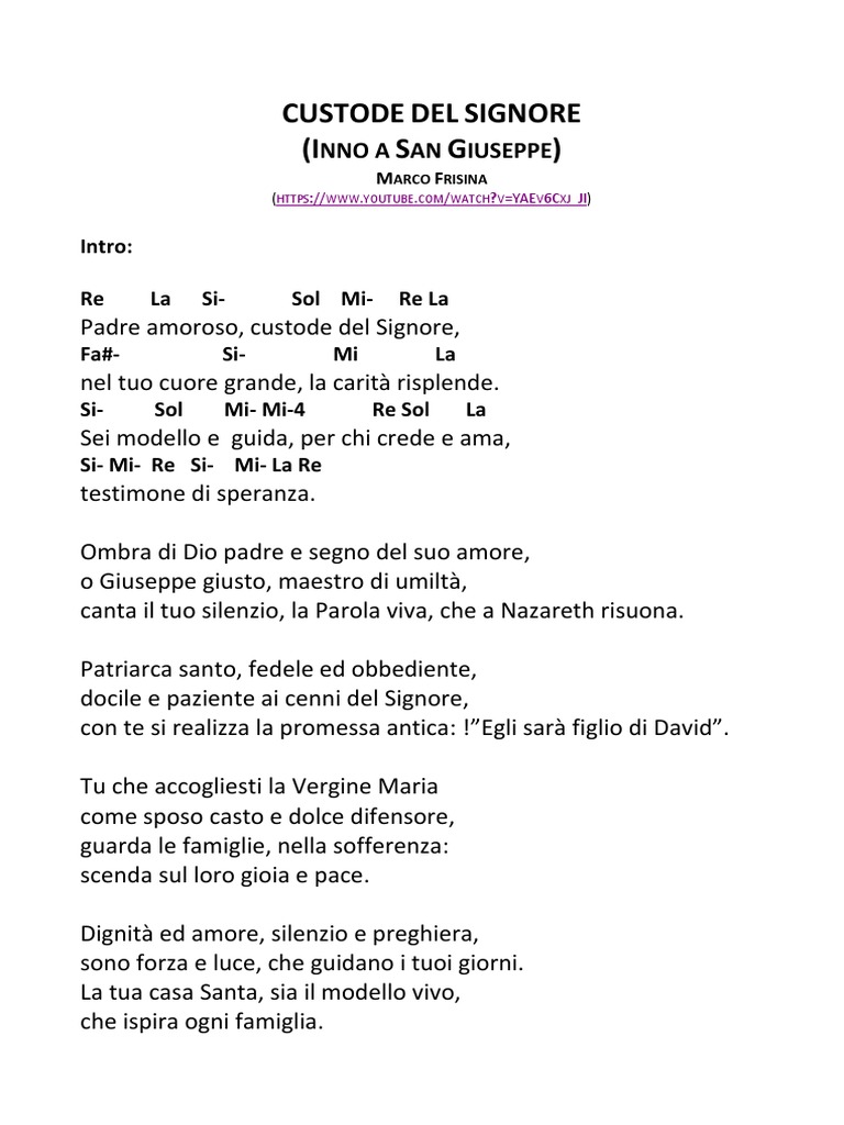 Custode Del Signore (Inno A San Giuseppe) Marco Frisina Testo Con Accordi PDF