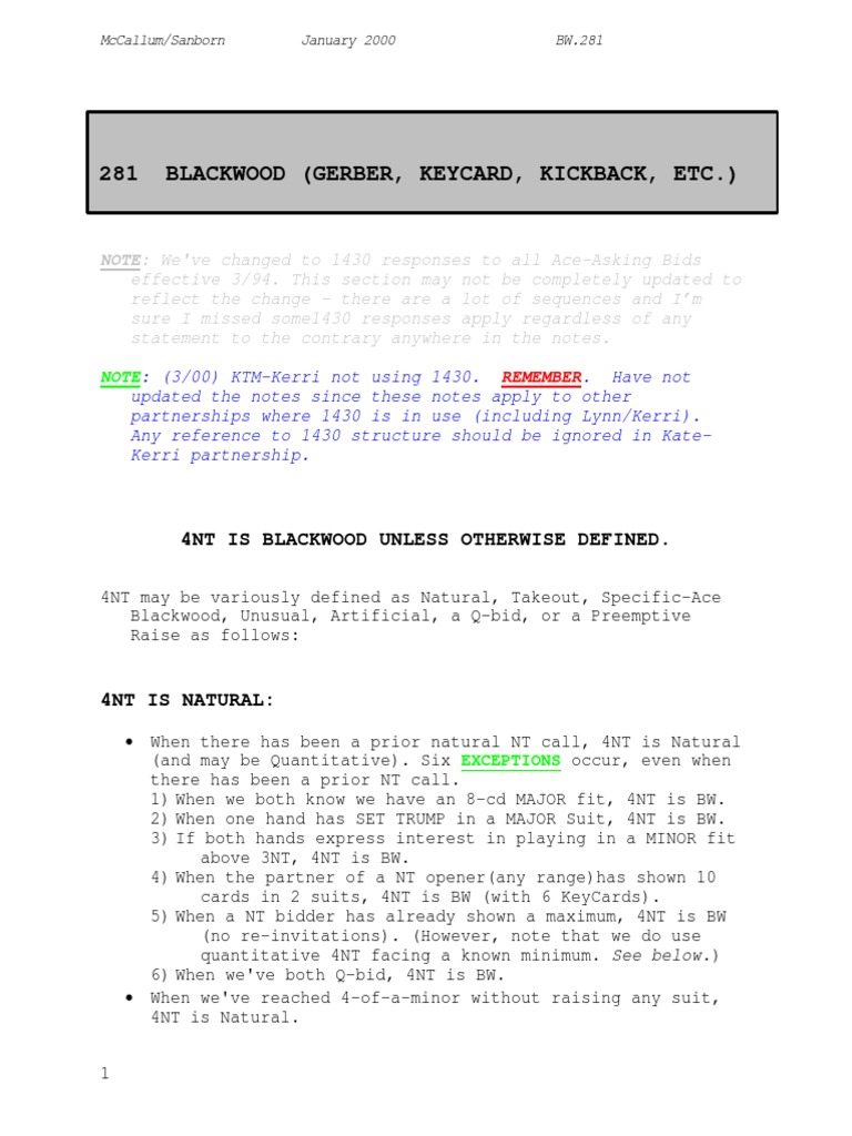 Analysis of Blackwood Conventions and Keycard Responses | PDF ...