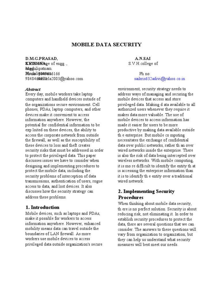 Mobile Data Security: D.M.G.Prasad, A.N.Sai Krishna | PDF | Public Key ...