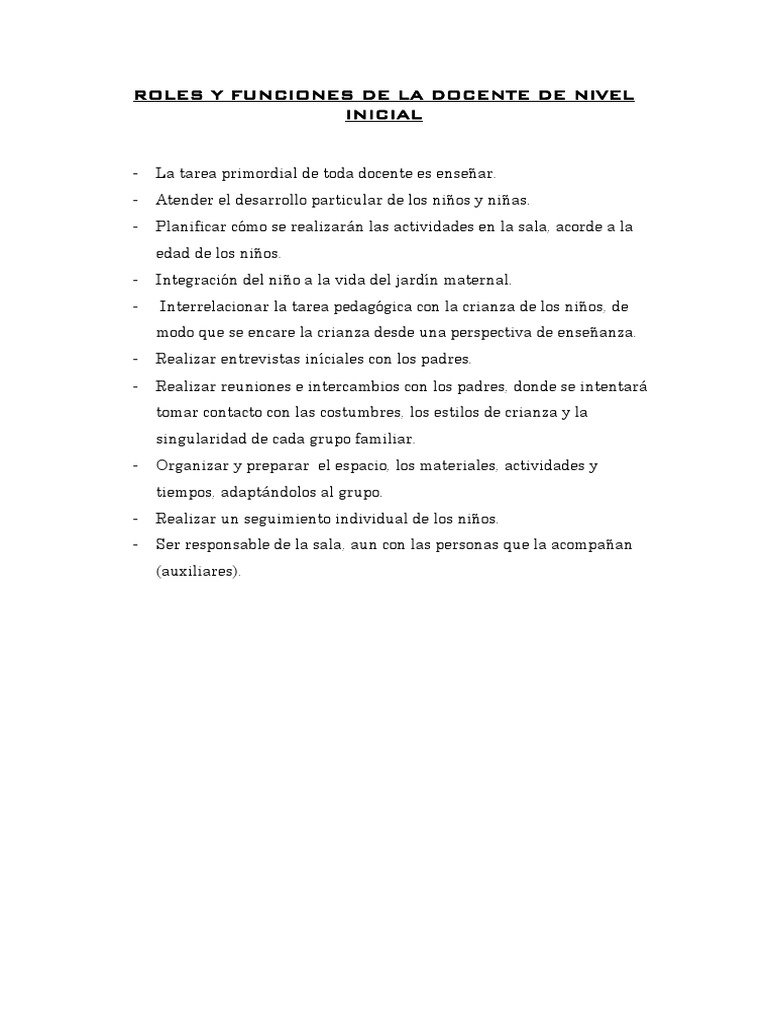 Funciones de la Docente en Educación Inicial | PDF | Salud y bienestar