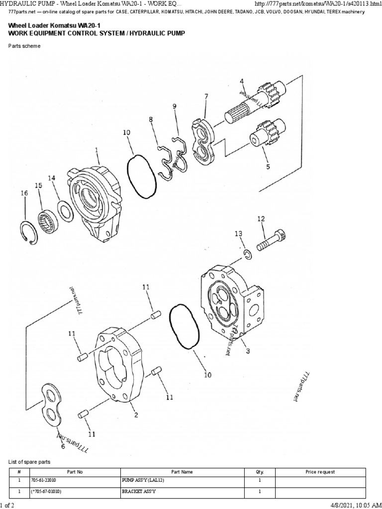 Hydraulic Pump - Wheel Loader Komatsu Wa20-1 - Work Equipment Control ...