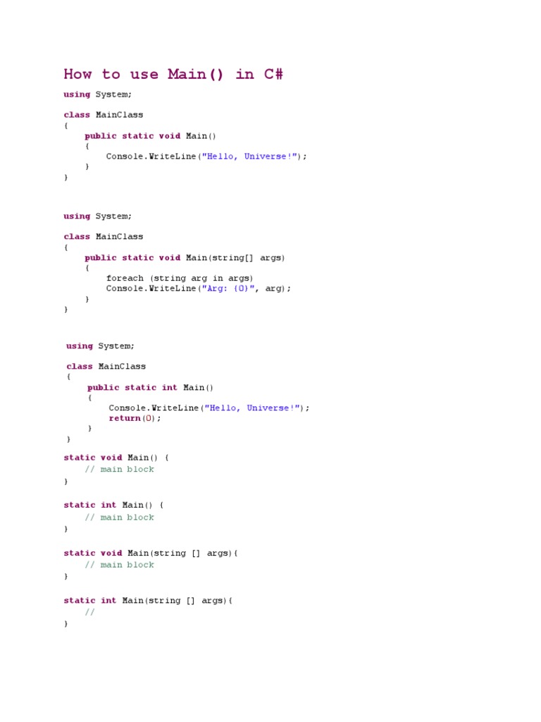 How To Use Main in C#: Using Class Public Static Void | PDF | Computer ...