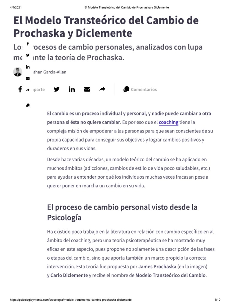 El Modelo Transteórico Del Cambio de Prochaska y Diclemente | PDF