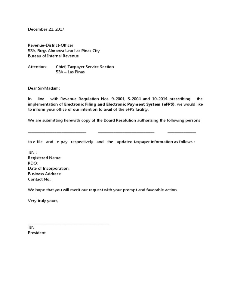 Letter of Intent To BIR Apply For Efps | PDF