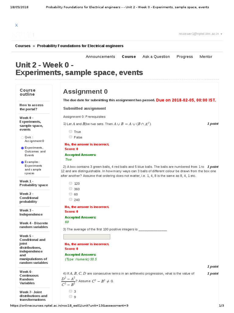 Unit 2 - Week 0 - Experiments, Sample Space, Events: Assignment 0 | PDF ...