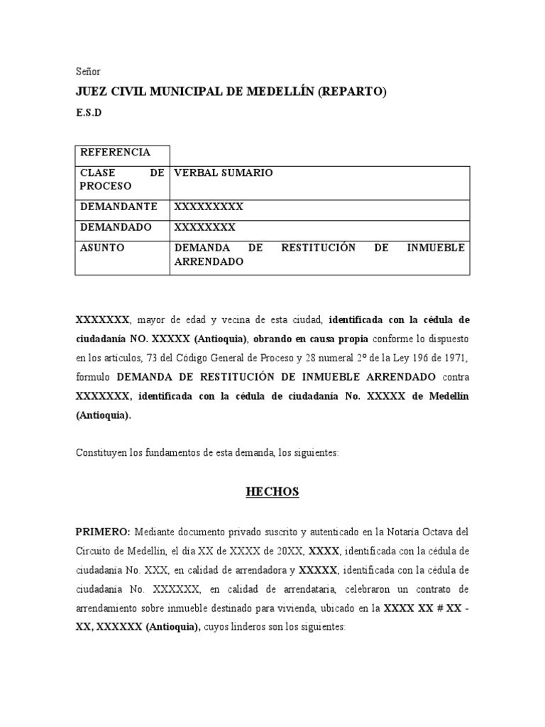 Demanda de Restitución de Inmueble Arrendado | PDF | Alquiler | Justicia