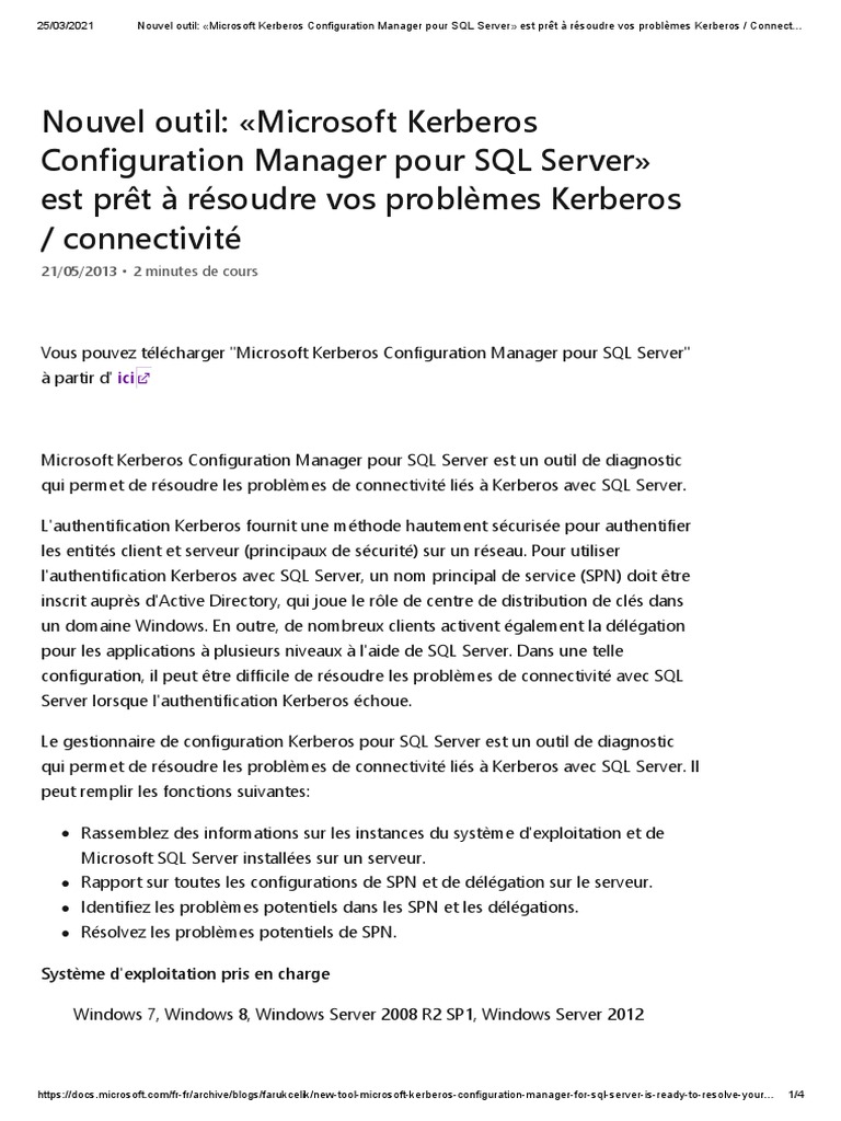 Outil Kerberos pour SQL Server disponible | PDF | Microsoft SQL Server ...