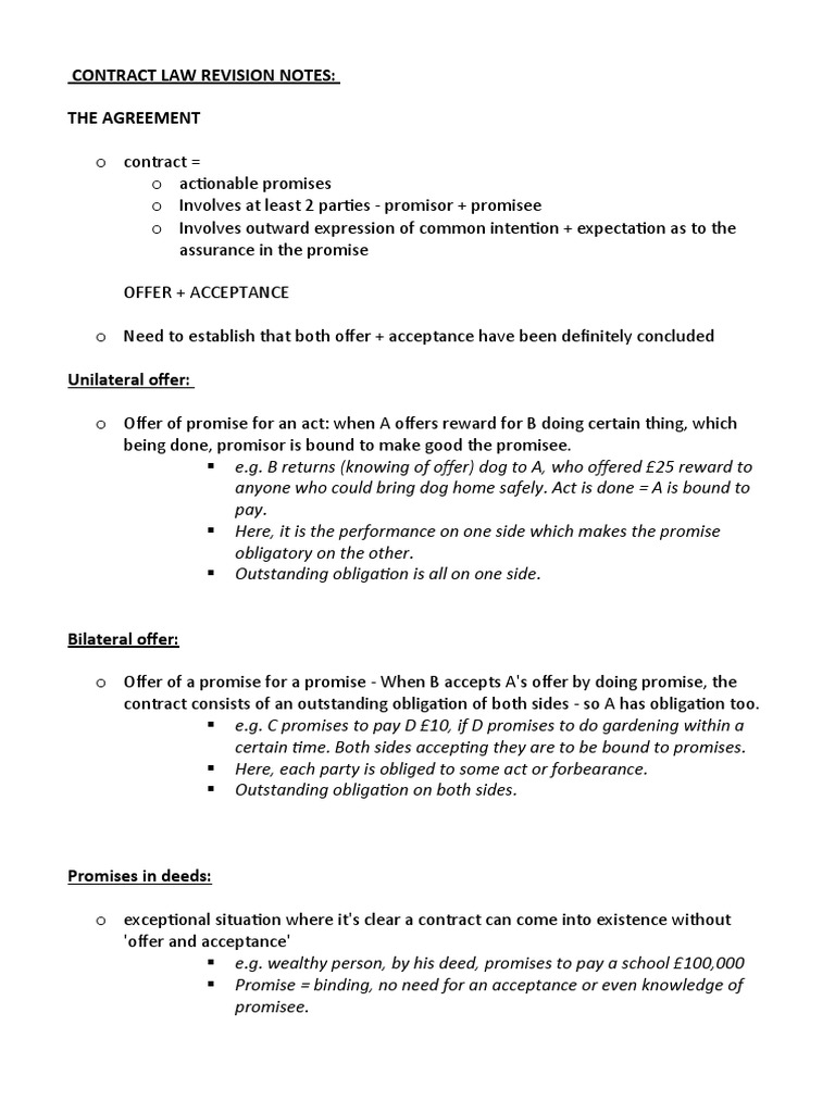 Contract Law Notes | PDF | Misrepresentation | Offer And Acceptance