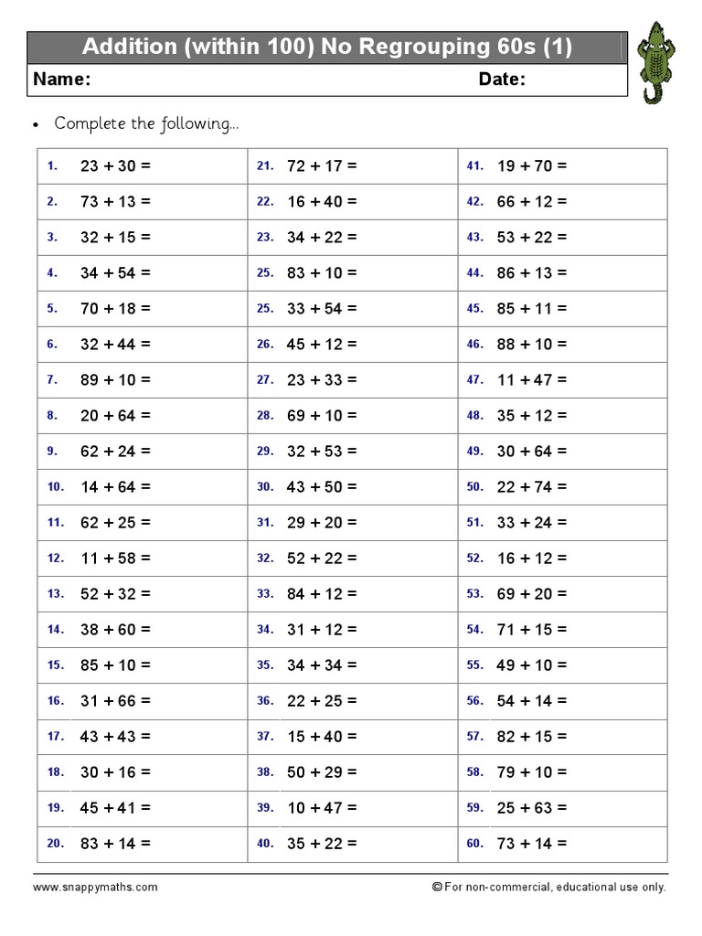 Addition (Within 100) No Regrouping 60s (1) : Complete The Following | PDF