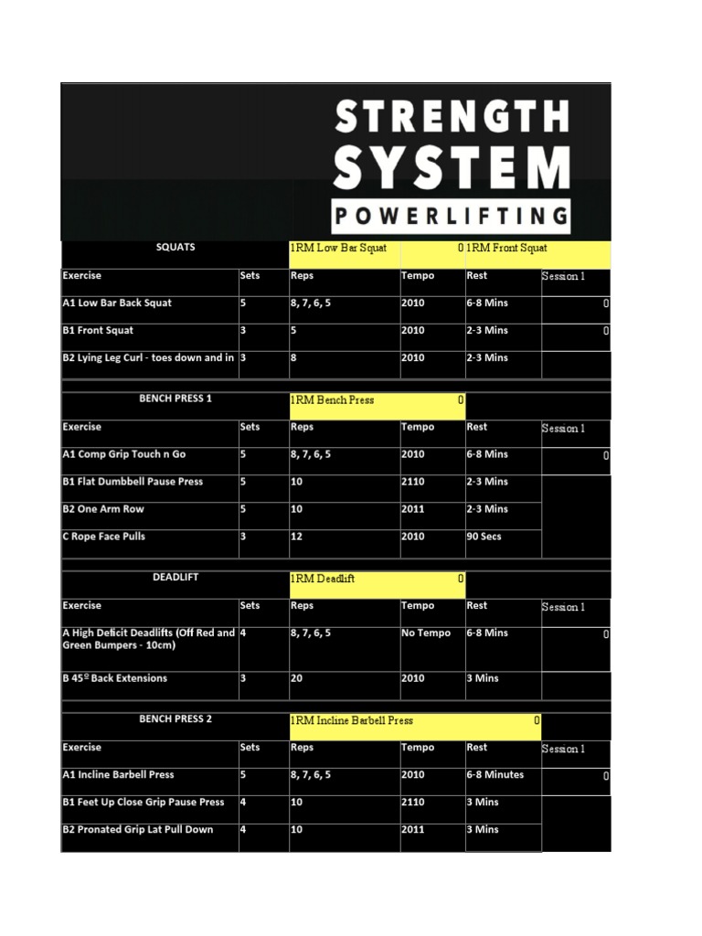 Strength System Powerlifting Program Load Calculator PDF Weight