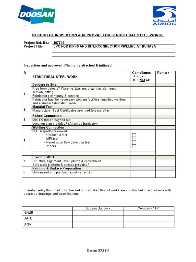 Structural Steel Inspection Approval Record | PDF | Home & Garden ...