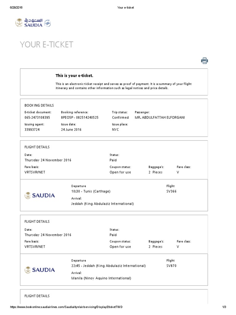 Your Saudia E-Ticket to Manila | PDF | Services (Economics) | Payments