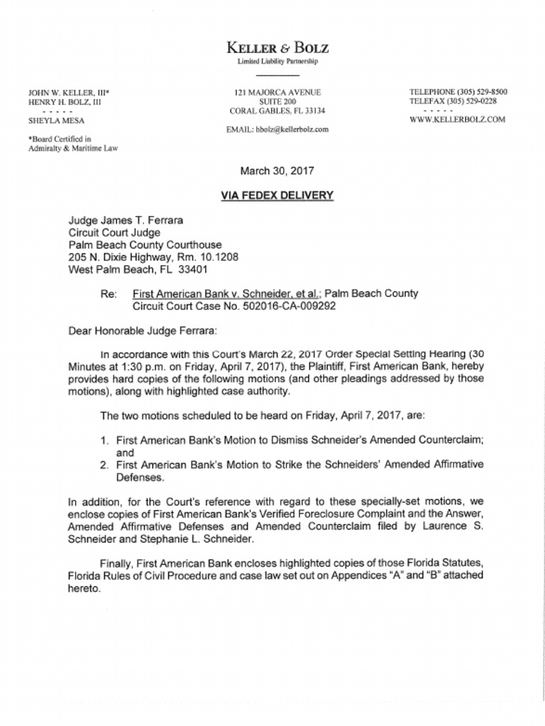 Letter From Bolz To Judge James Ferrera Misrepresenting Material Facts