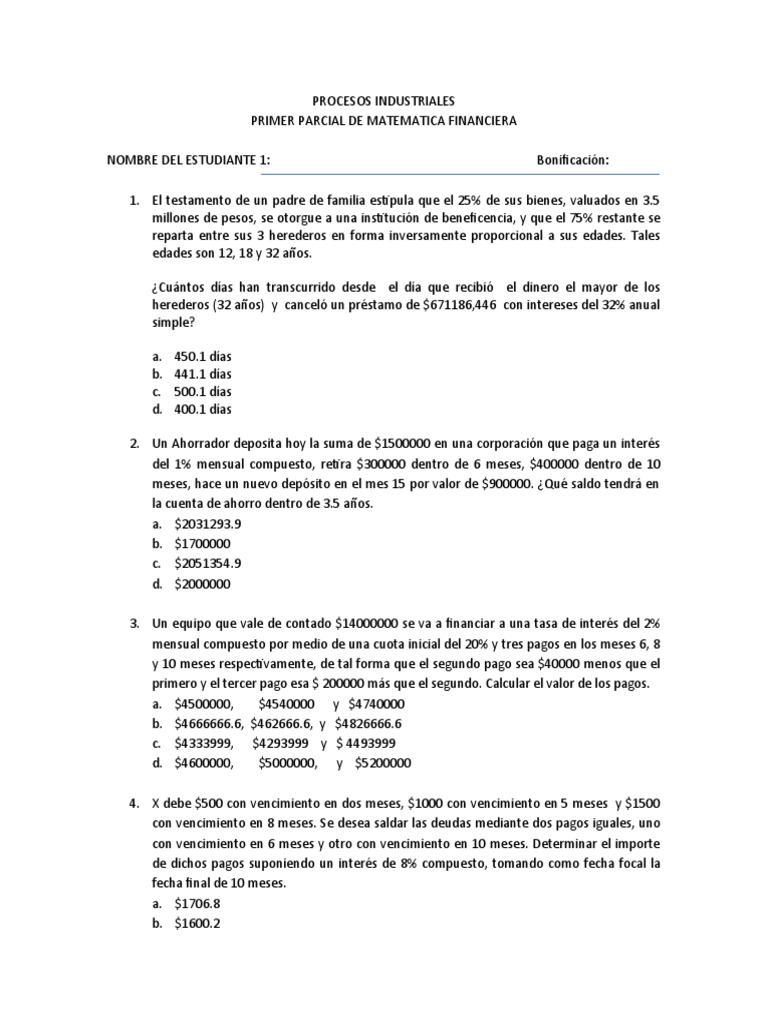 PRIMER PARCIAL DE MAT FINANCIERA Virtual | PDF | Interés | Tasas de interés