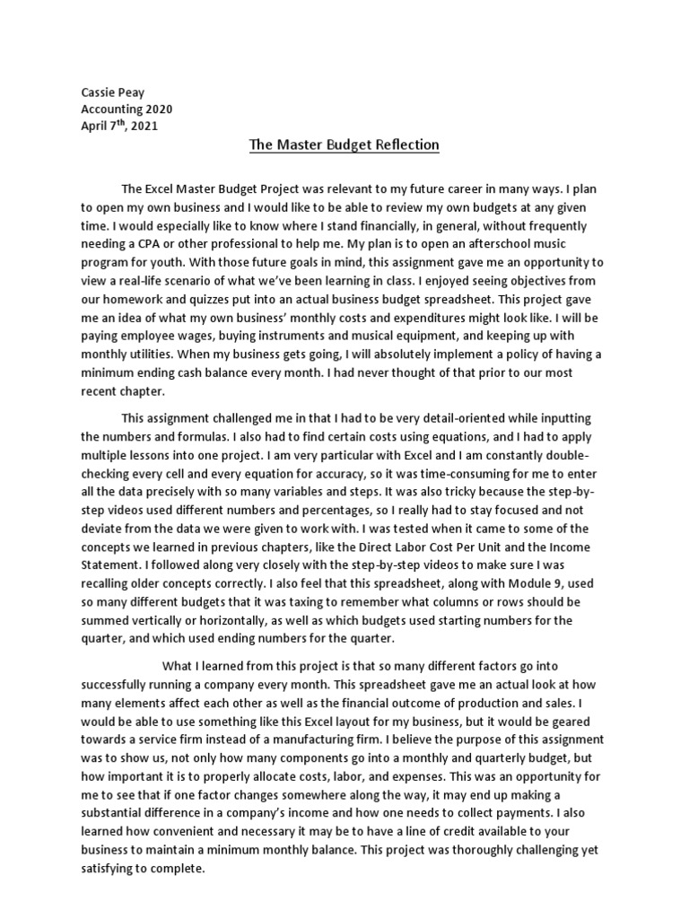 Master Budget Reflection Insights | PDF | Spreadsheet | Budget
