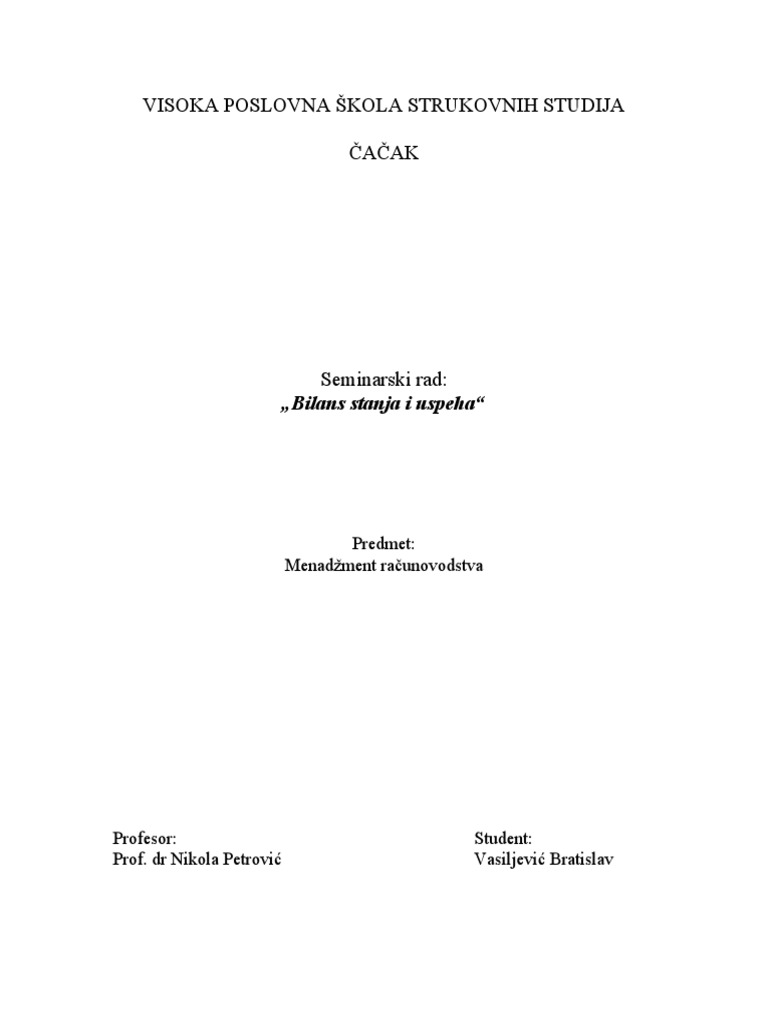 Seminarski Rad-Bilans Stanja I Uspeha | PDF