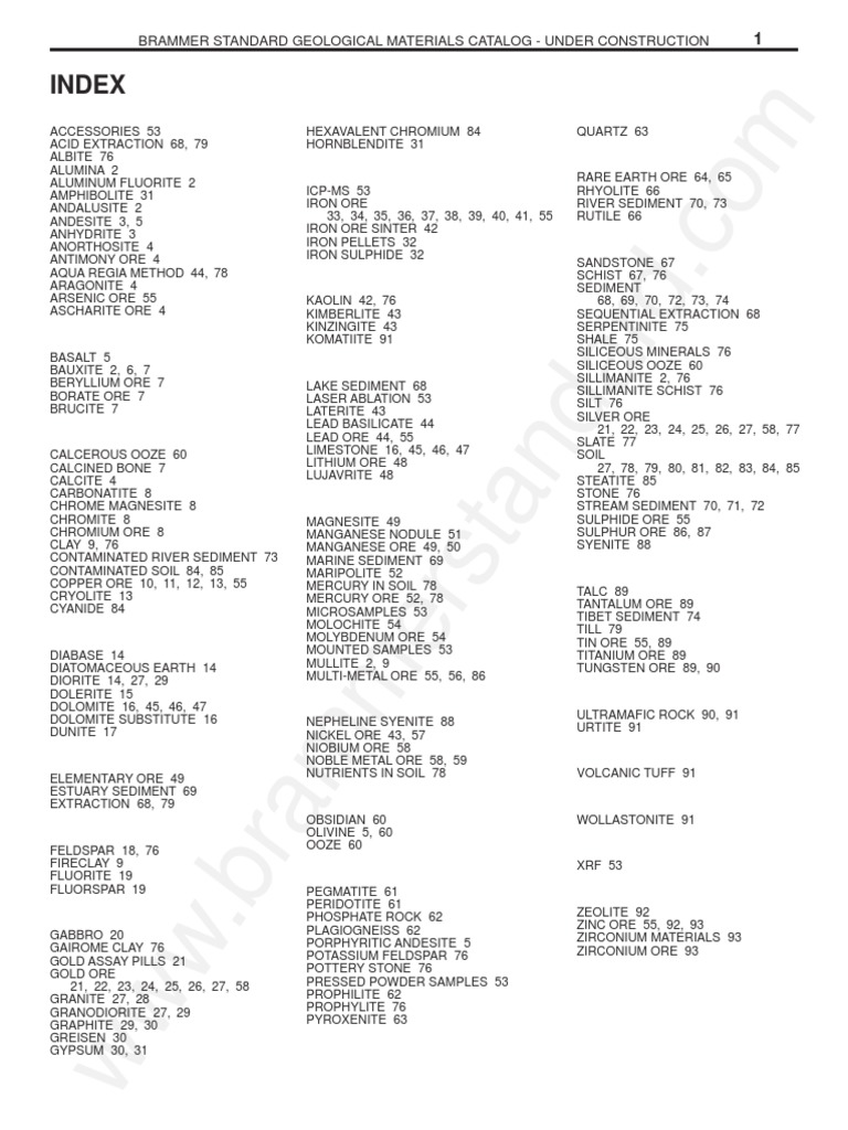 Index: Brammer Standard Geological Materials Catalog - Under Construction |  PDF | Ore | Chemical Elements