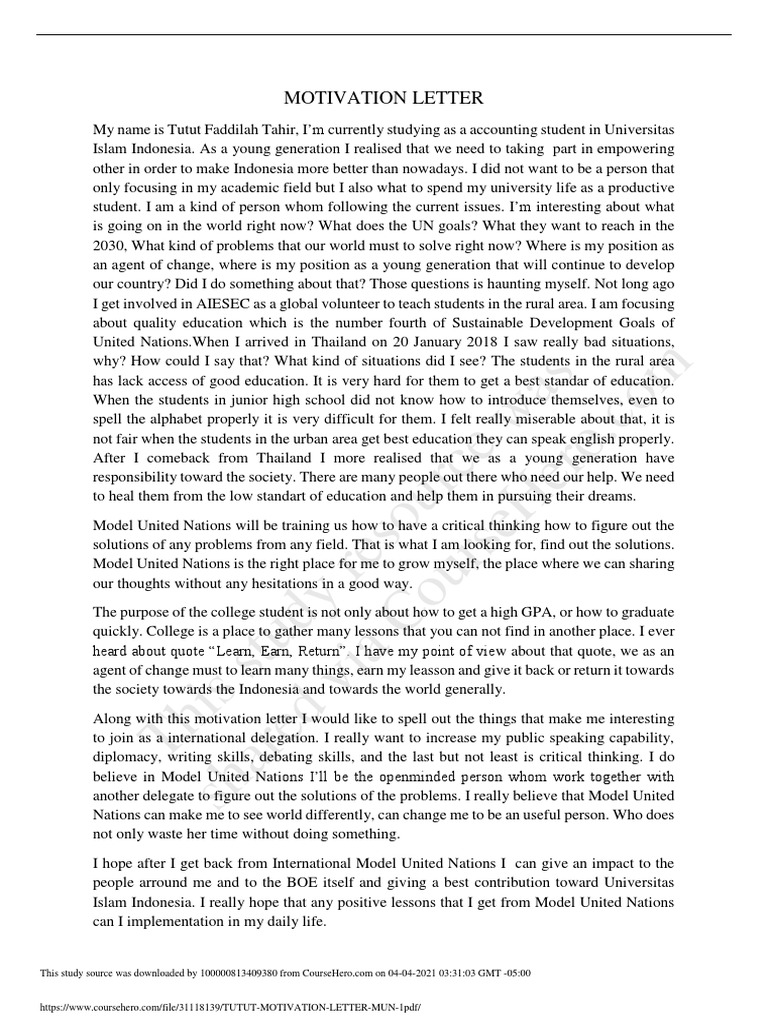 MUN Motivation Letter Example | PDF | Human Nature | Further Education