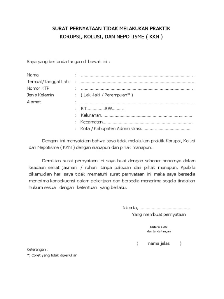 Surat Pernyataan Tidak Melakukan KKN  PDF