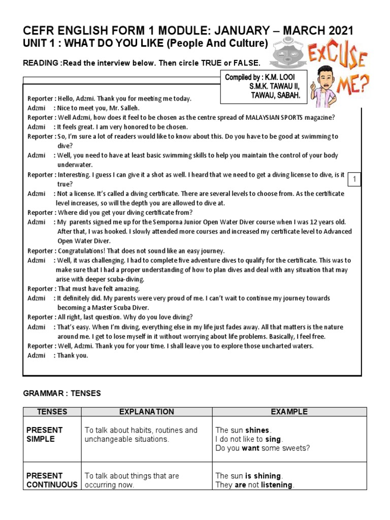 Module Cefr English Form 1 (2021) | PDF | Scuba Diving | Malaysia