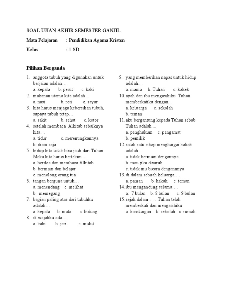 Soal Uas Agama Kristen Kelas 1 Sd Pdf