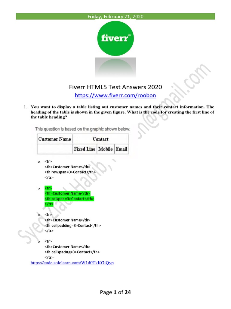 Fiverr HTML5 Test Answers 2020: Friday, February 21, 2020 | PDF | Html ...