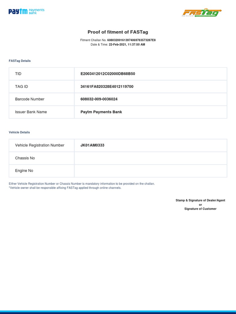 FASTag Fitment Certificate Details | PDF