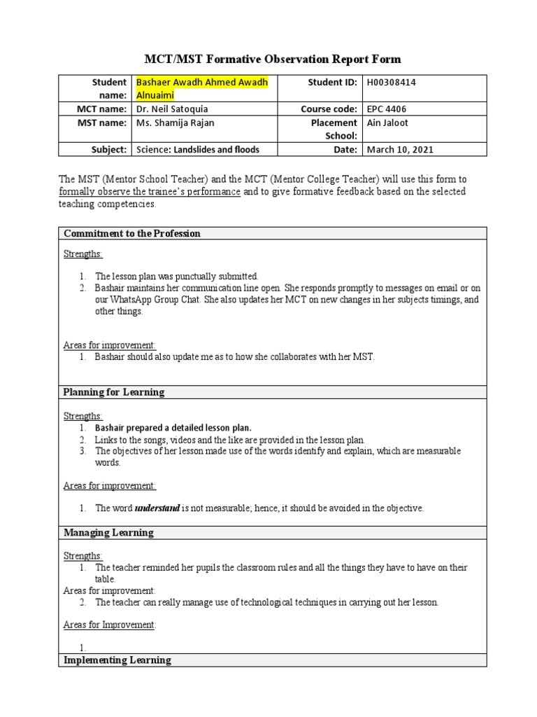 MCT-MST Formative Report Form 2bashaer Awad | PDF | Lesson Plan | Erosion