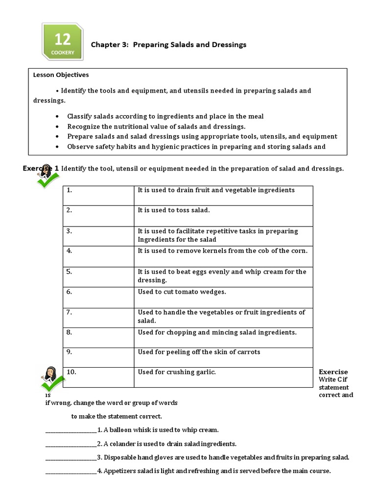 Chapter 3 Preparing Salads and Dressings Lesson Objectives PDF