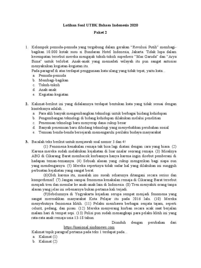 Latihan soal utbk bahasa indonesia 2020 pdf