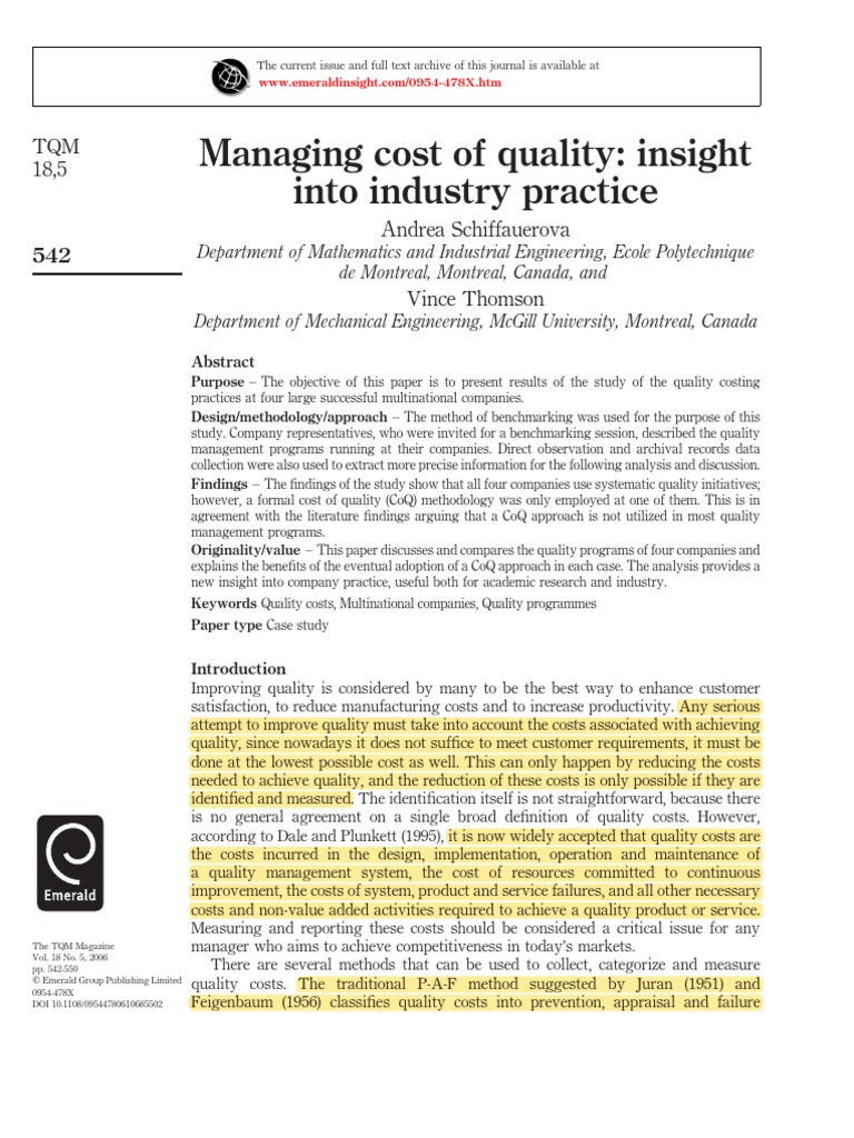 Cost of Quality Practices in Industry | PDF | Benchmarking | Quality ...