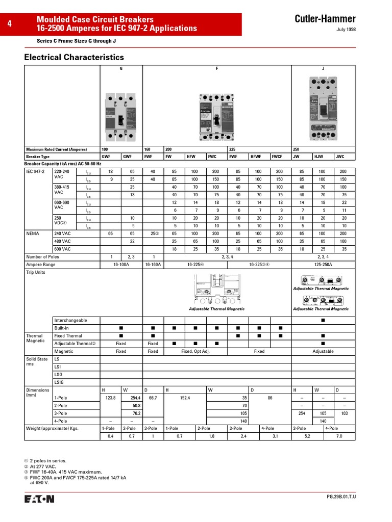 CutlerHammer Moulded Case Circuit Breakers Electrical Characteristics