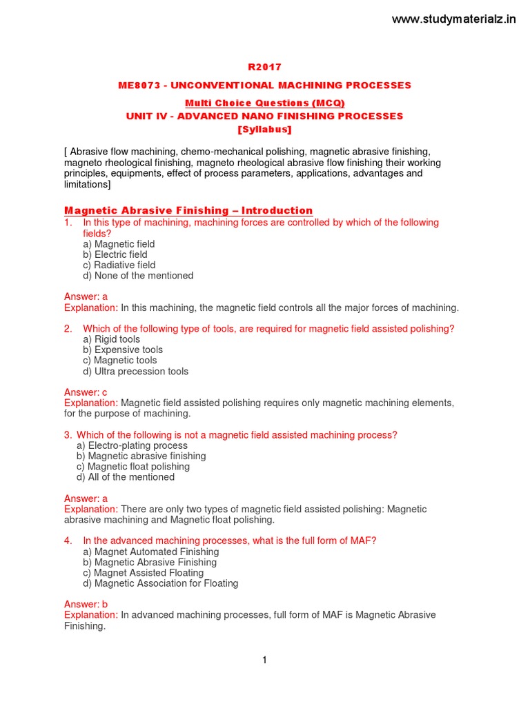 McqUcmp Unit Iv Advanced Nano Finishing Processes PDF Abrasive Machining