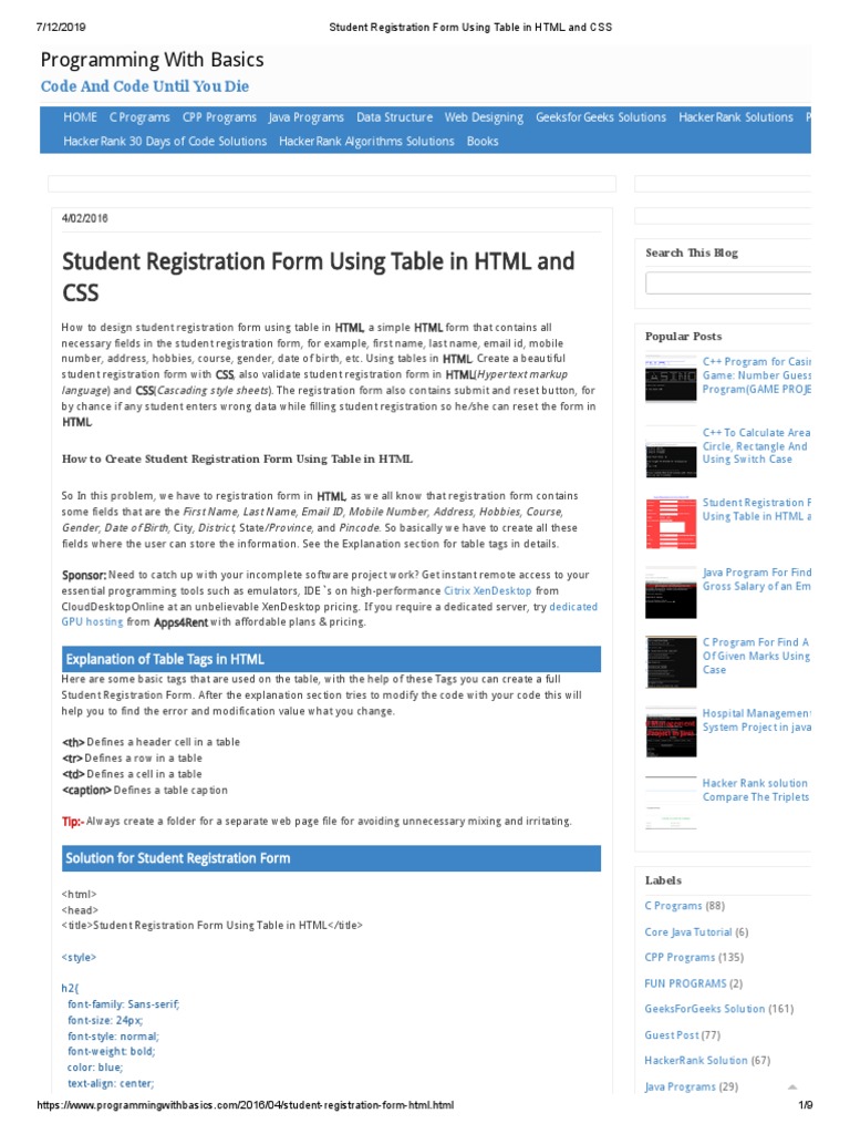 Student Registration Form Using Table in HTML and CSS | Download Free ...