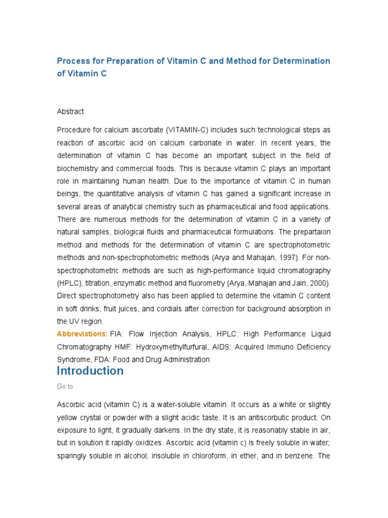 Process For Preparation of Vitamin C and Method For Determination of
