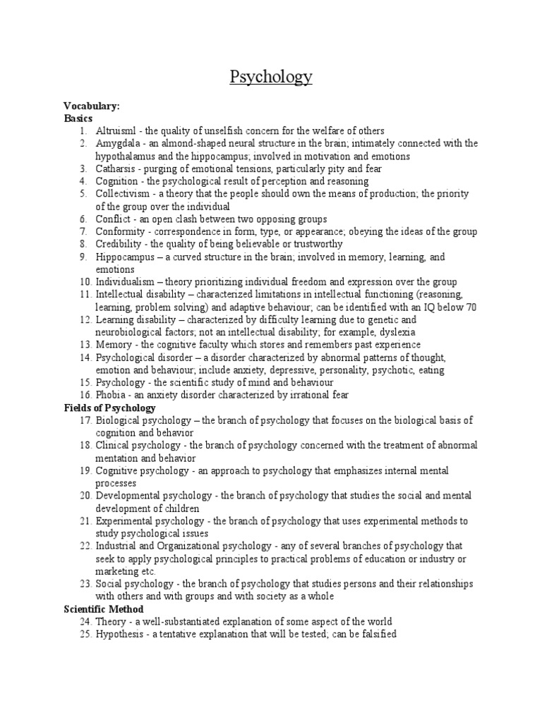 Psychology Vocabulary Glossary | PDF | Experiment | Phobia