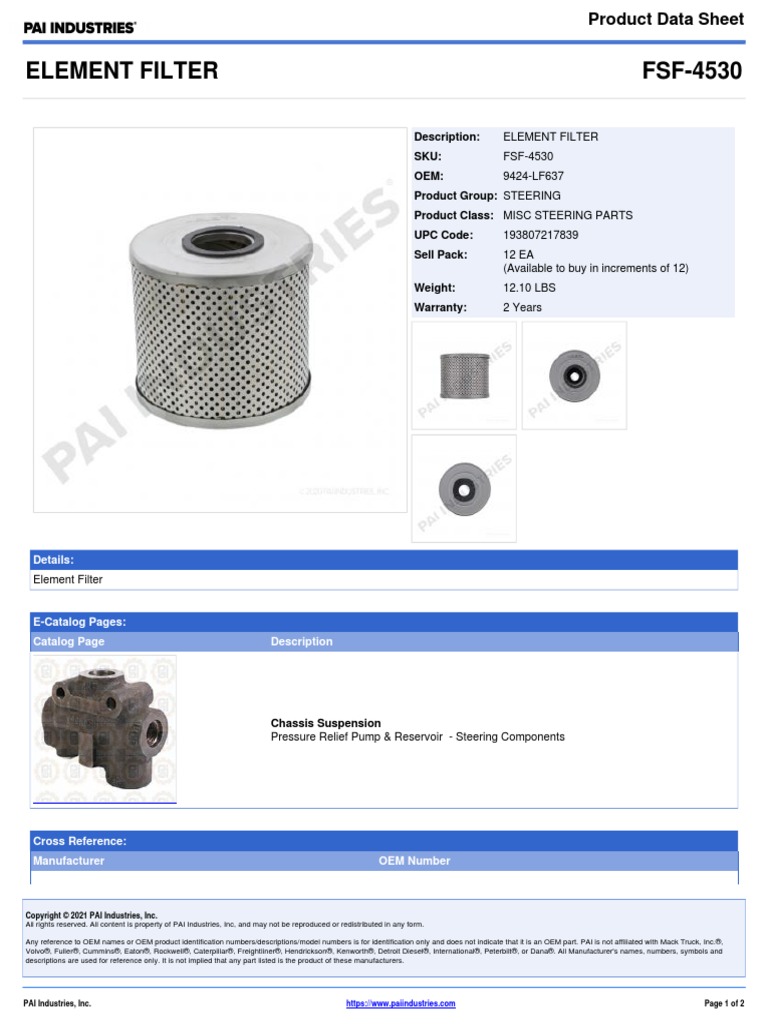 Element Filter FSF-4530 9424-LF637 | PDF | Automotive Industry | Motor ...