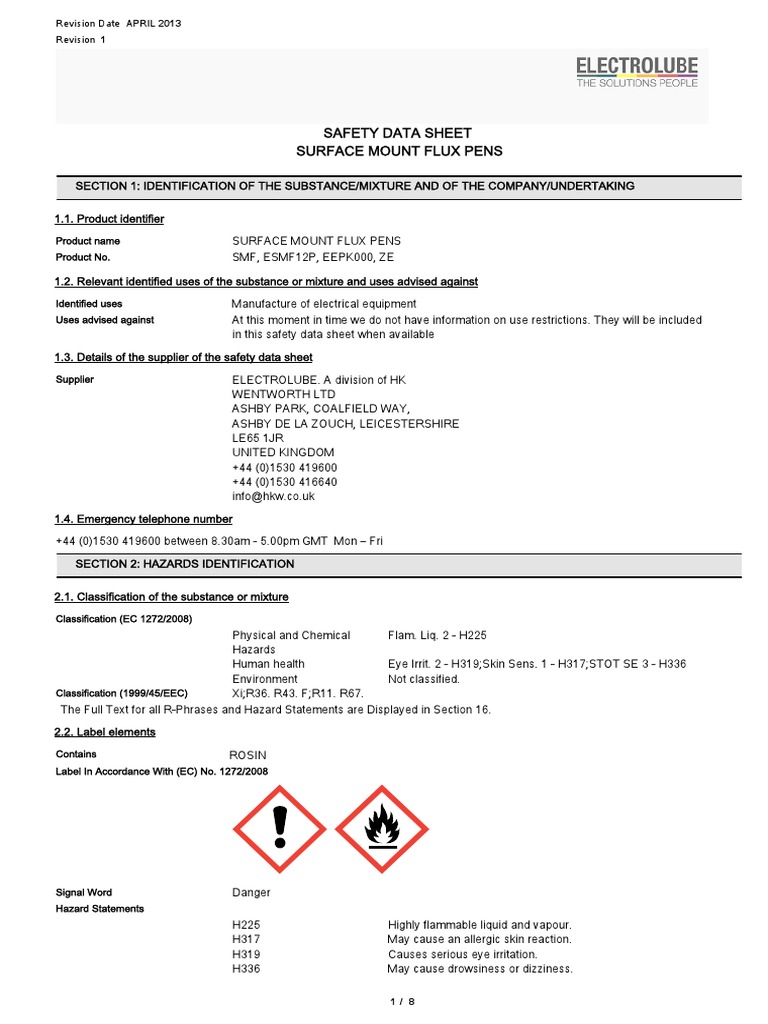 Safety Data Sheet for Surface Mount Flux Pens Hazards and Precautions for Use PDF Dangerous