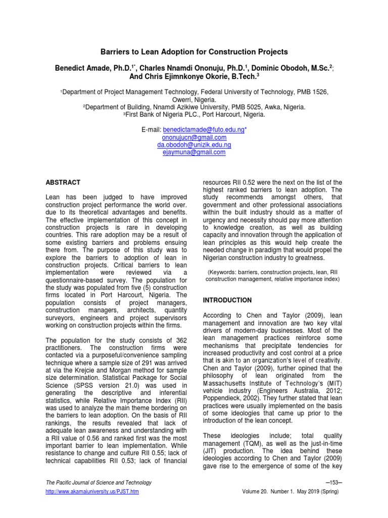 Barriers to Lean Adoption in Construction | PDF | Survey Methodology ...