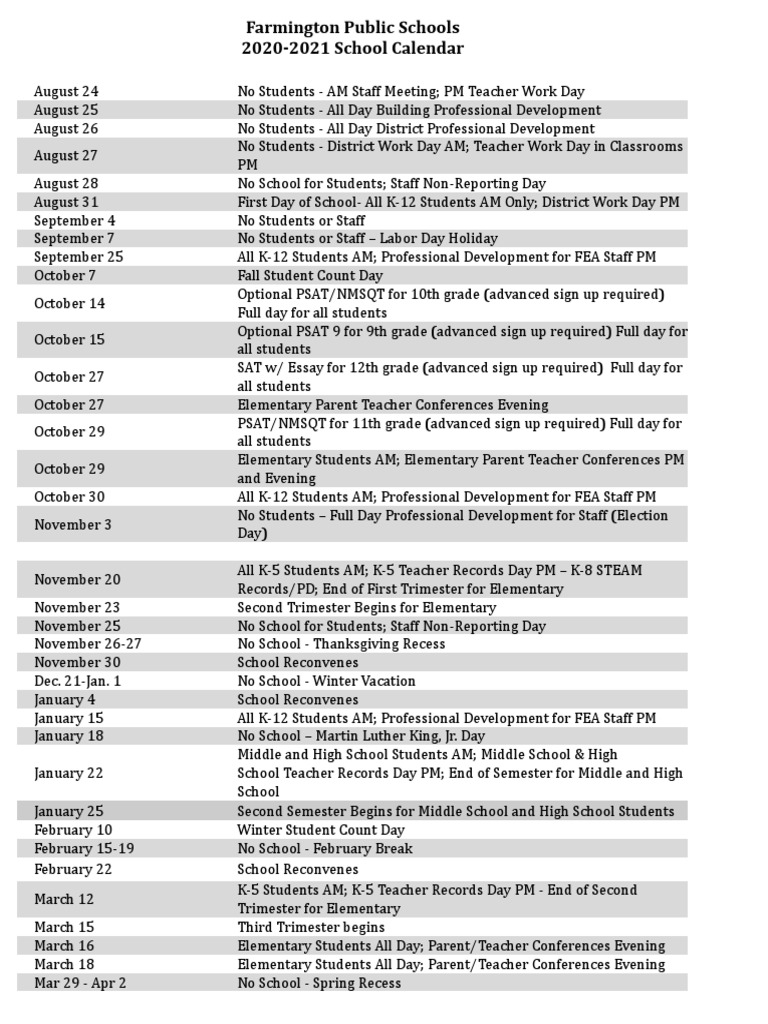 Farmington Public Schools 2020-2021 School Calendar | PDF | Academic
