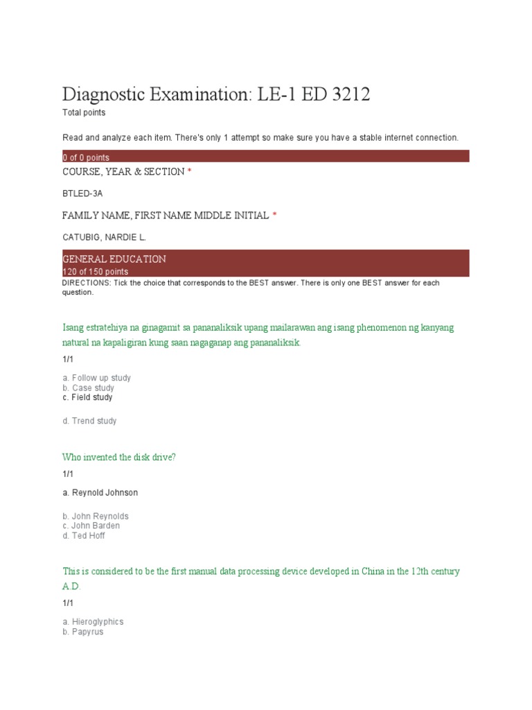 Diagnostic Examination LE1 ED 3212 Course, Year & Section PDF