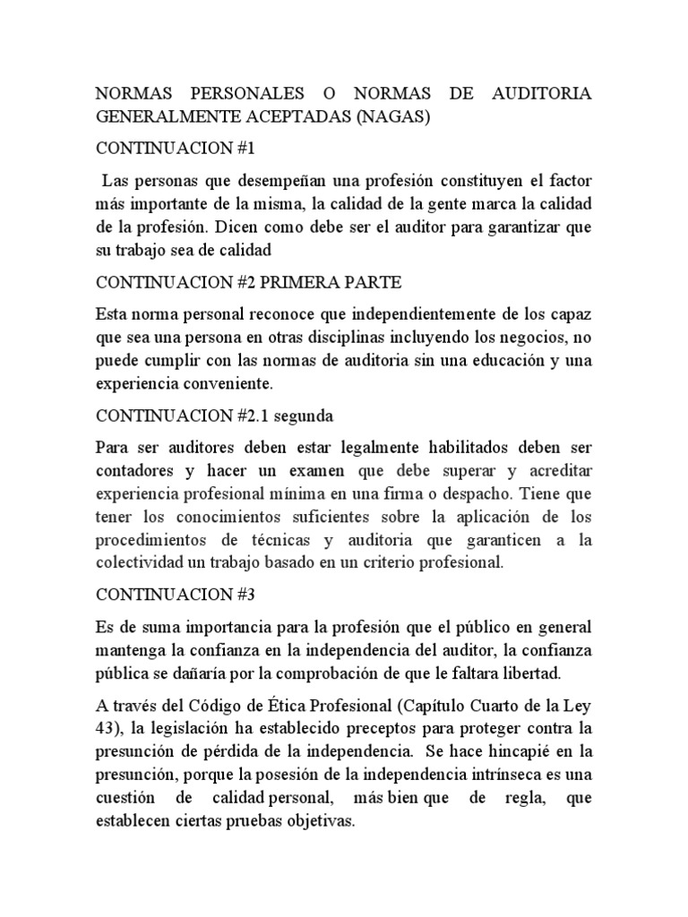Normas Generales de Auditoria Generalmente Aceptadas | PDF | Auditoría ...